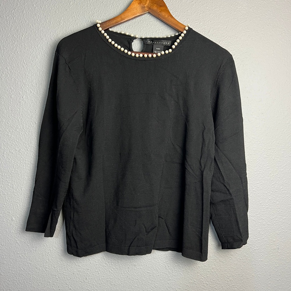Apostrophe Black Knit Top XL Pearl Beaded Neckline L/SL Career Blouse‎ Classy